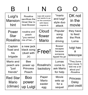 The Mario Galaxy Movie Bingo Card