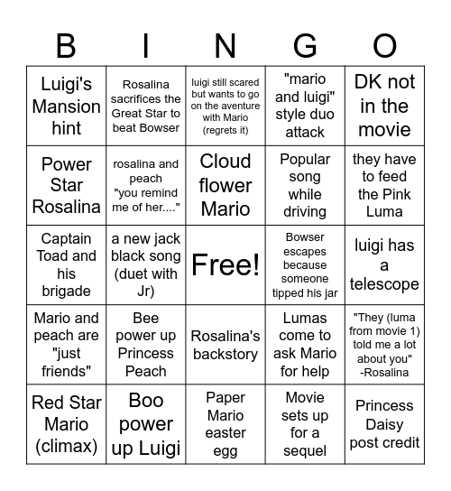 The Mario Galaxy Movie Bingo Card