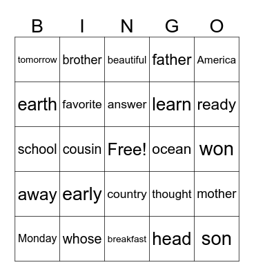 Trick Word BINGO Card