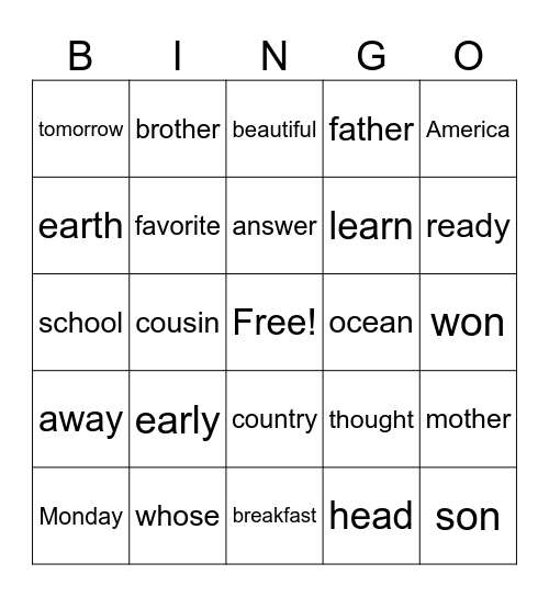 Trick Word BINGO Card