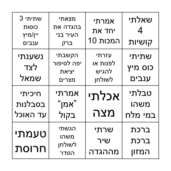 ליל סדר משפחת קורנט Bingo Card