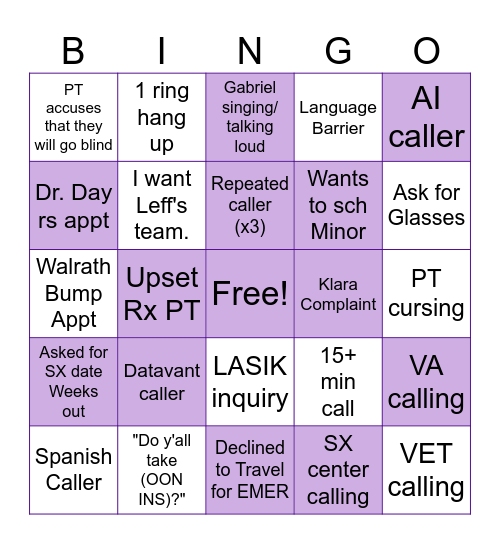 WEI CALL CENTER BINGO Card
