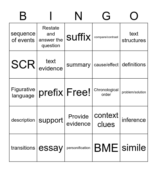 STAAR Vocabulary Bingo Card
