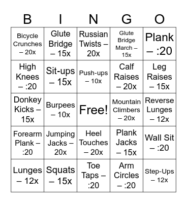 Fitness Bingo Card