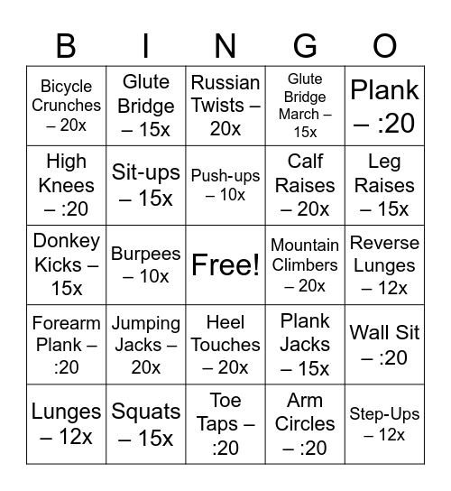 Fitness Bingo Card