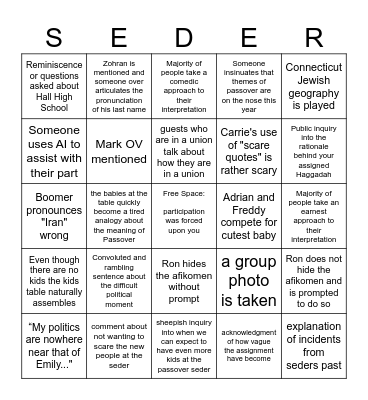 SEDER 2026 Bingo Card