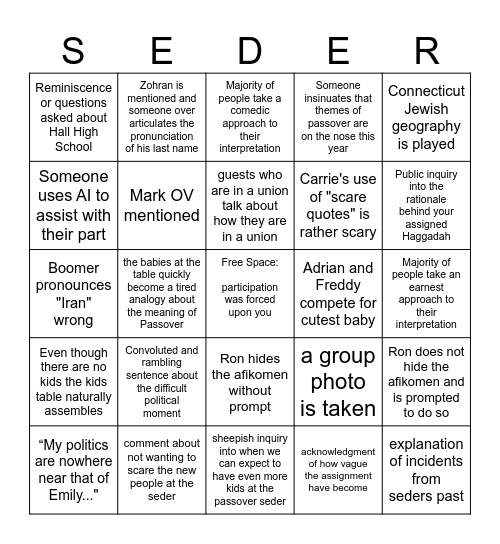 SEDER 2026 Bingo Card
