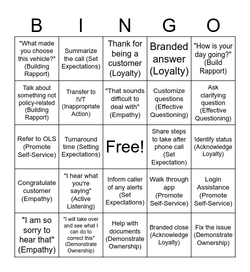 Enlightened Behaviors Bingo Card