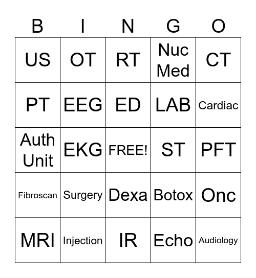 Hospital Departments Bingo Card