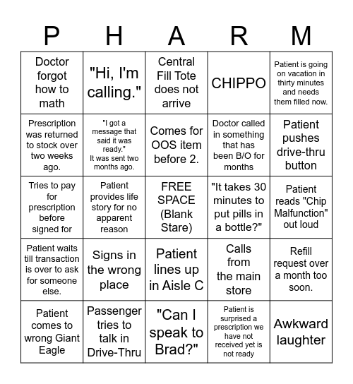 Pharmacy Bingo Card