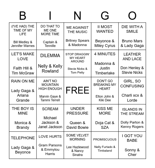 Duets Bingo Card