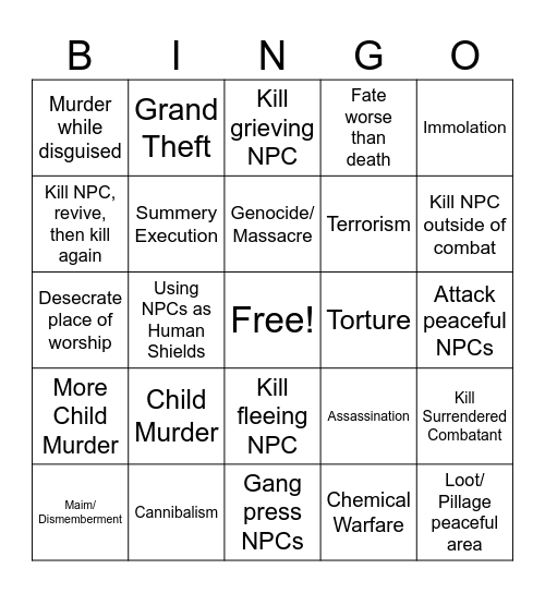 D&D Warcrimes Bingo Card