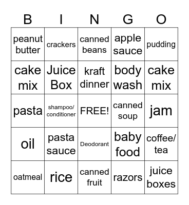 Food Bank Bingo Card
