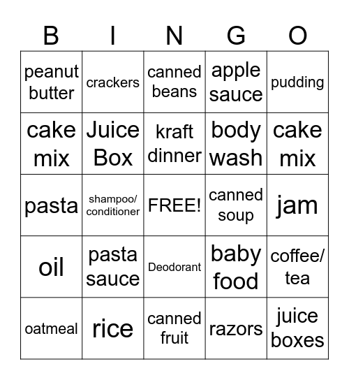 Food Bank Bingo Card