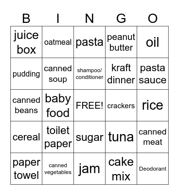 Food Bank Bingo Card