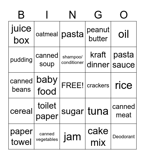 Food Bank Bingo Card
