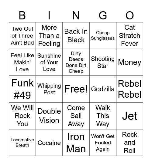 Classic Rock Bingo Card