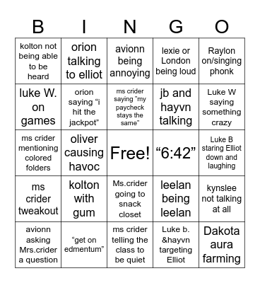 4th period Bingo Card