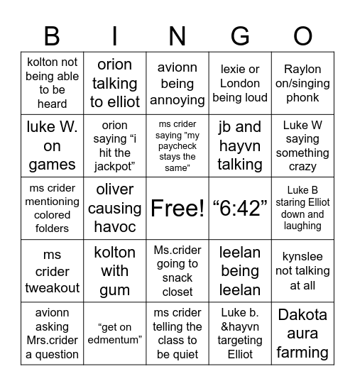 4th period Bingo Card