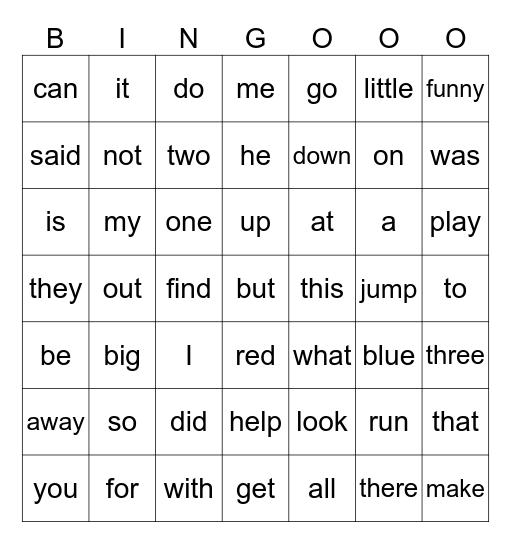 Dolch word bingo Card
