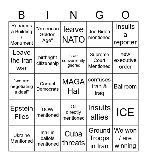 Trump Bingo Card