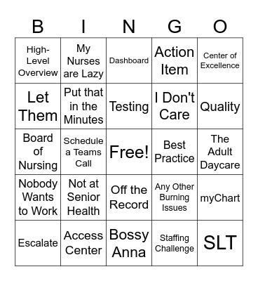 Nurse Manager Bingo Card