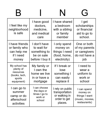 Class Privilege Bingo Card