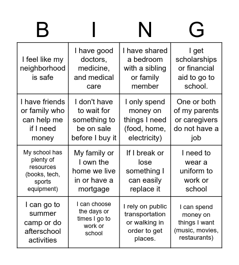 Class Privilege Bingo Card