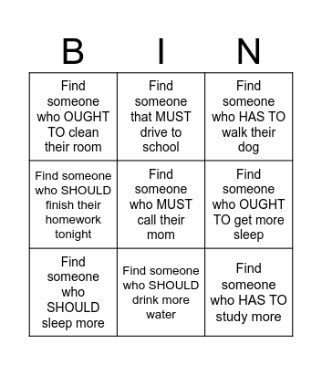 Modals Bingo Card