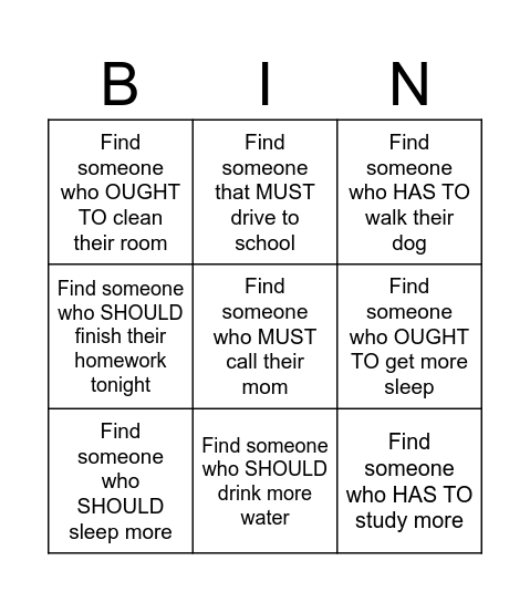 Modals Bingo Card