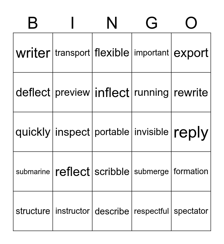 Word Knowledge Bingo Card
