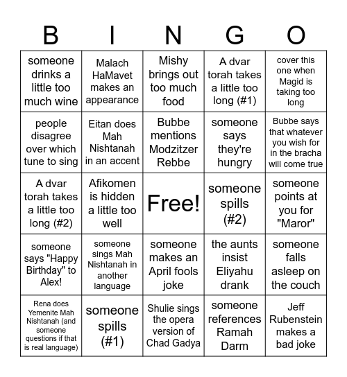 Seder Bingo (Pesach 2026) Bingo Card