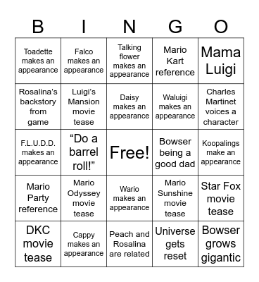 Super Mario Galaxy movie bingo Card