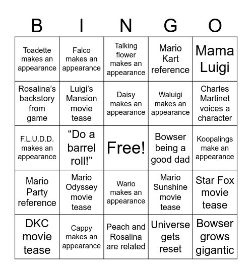Super Mario Galaxy movie bingo Card