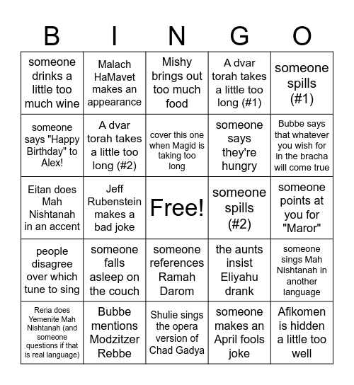 Seder Bingo (Pesach 2026) Bingo Card