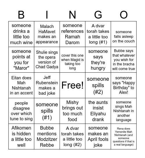 Seder Bingo (Pesach 2026) Bingo Card