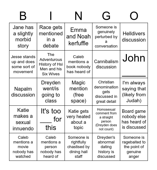 Dining Hall Bingo Card