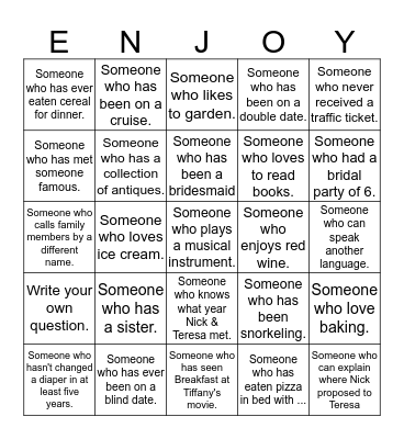 Bridal Shower: Getting To Know You Bingo Card