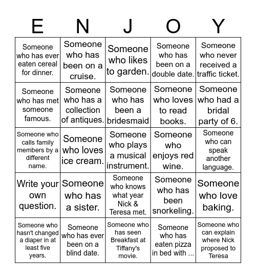 Bridal Shower: Getting To Know You Bingo Card