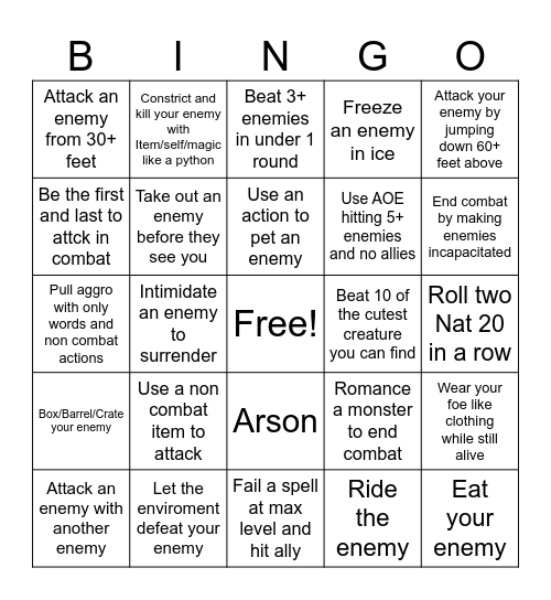 Dungeons and Dragons Bingo Card