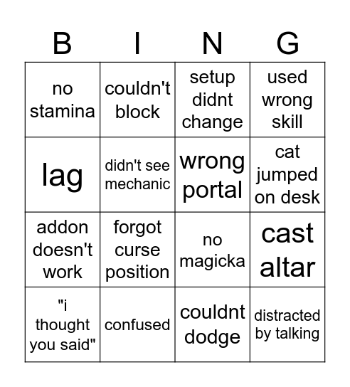 excuses Bingo Card