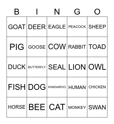 Baby Animal Bingo Card