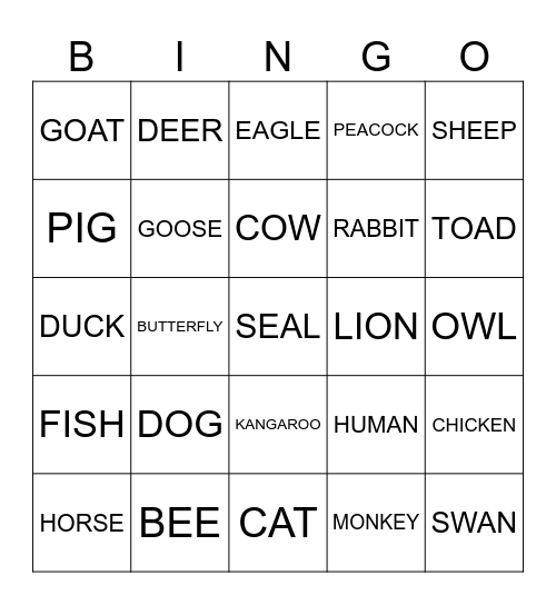 Baby Animal Bingo Card