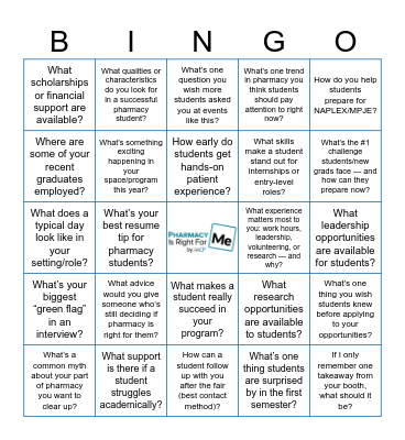 2026 Virtual Pharmacy School Fair Bingo Card