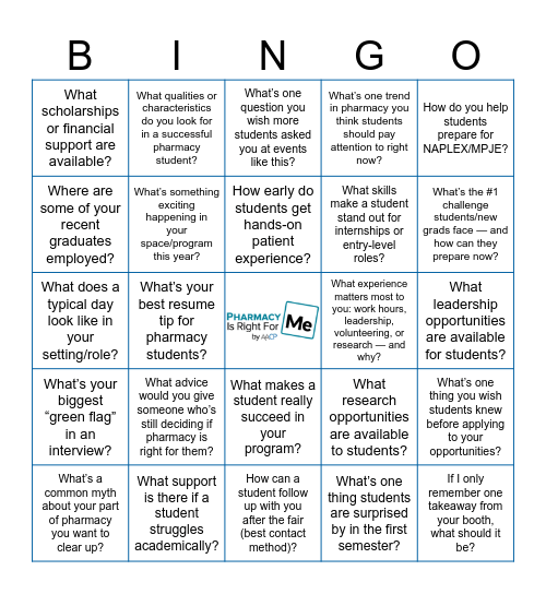 2026 Virtual Pharmacy School Fair Bingo Card