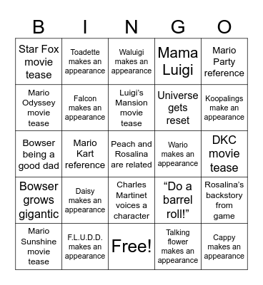 Super Mario Galaxy movie bingo Card