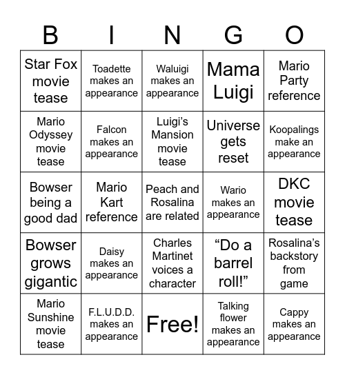 Super Mario Galaxy movie bingo Card