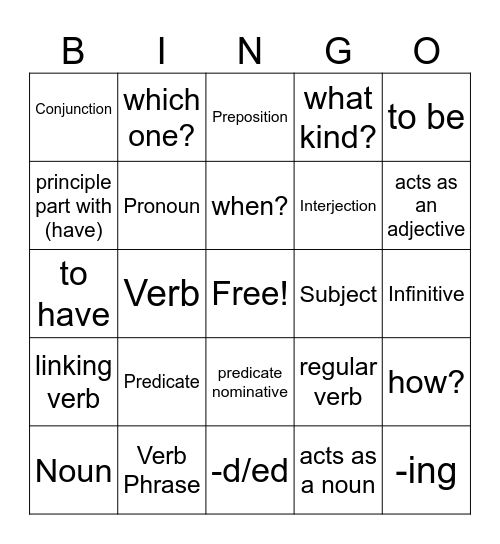 Grammar Rules Bingo Card