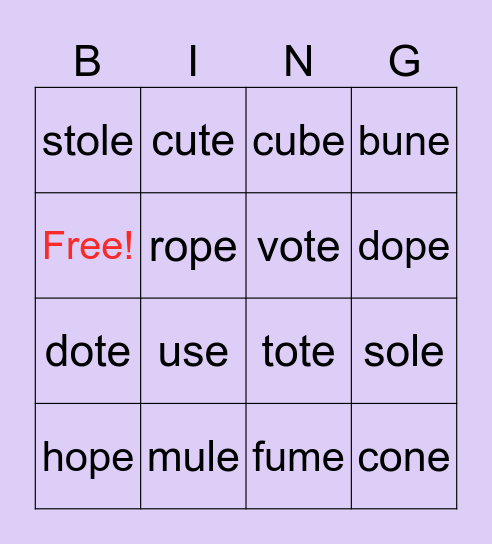 Long o/u Bingo Card