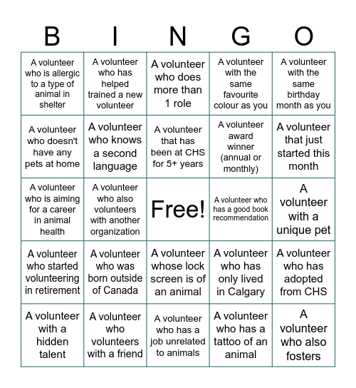 CHS Volunteer Bingo Card